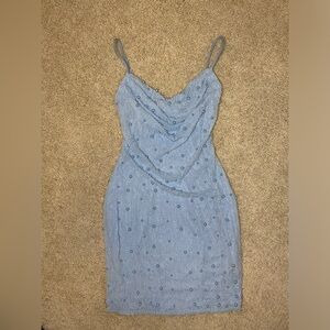 Embellished Cowl Neck Mini Dress in Blue